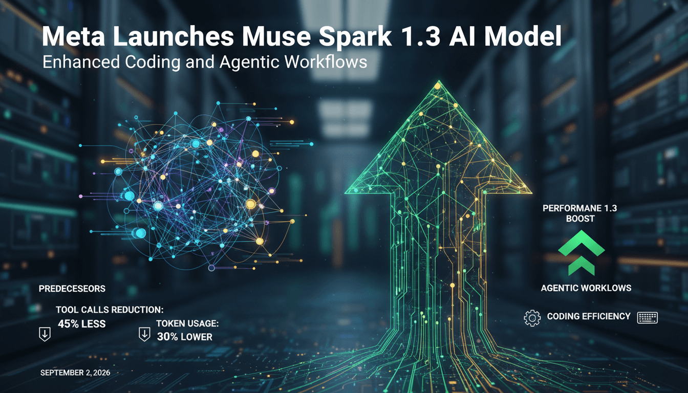 Infographic showing performance improvements of Meta's Muse Spark 1.3 AI model for coding tasks.
