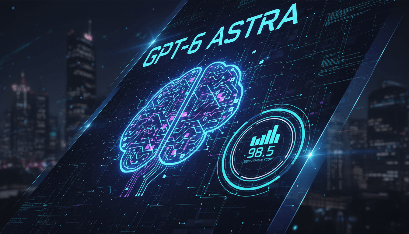 Visual representation of OpenAI's GPT-6 Astra model showcasing its advanced capabilities and benchmark score.