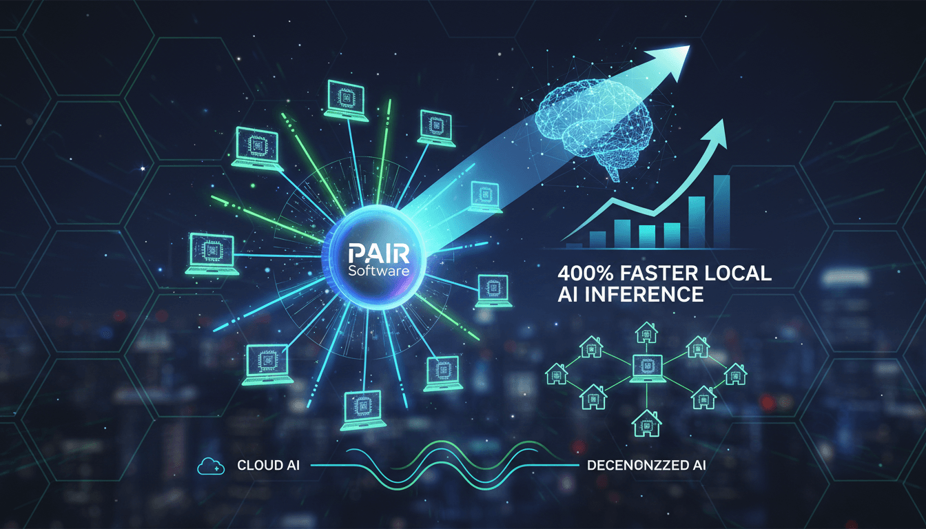 An infographic showing Nvidia's PAIR software pooling idle home GPUs for local AI inference tasks.