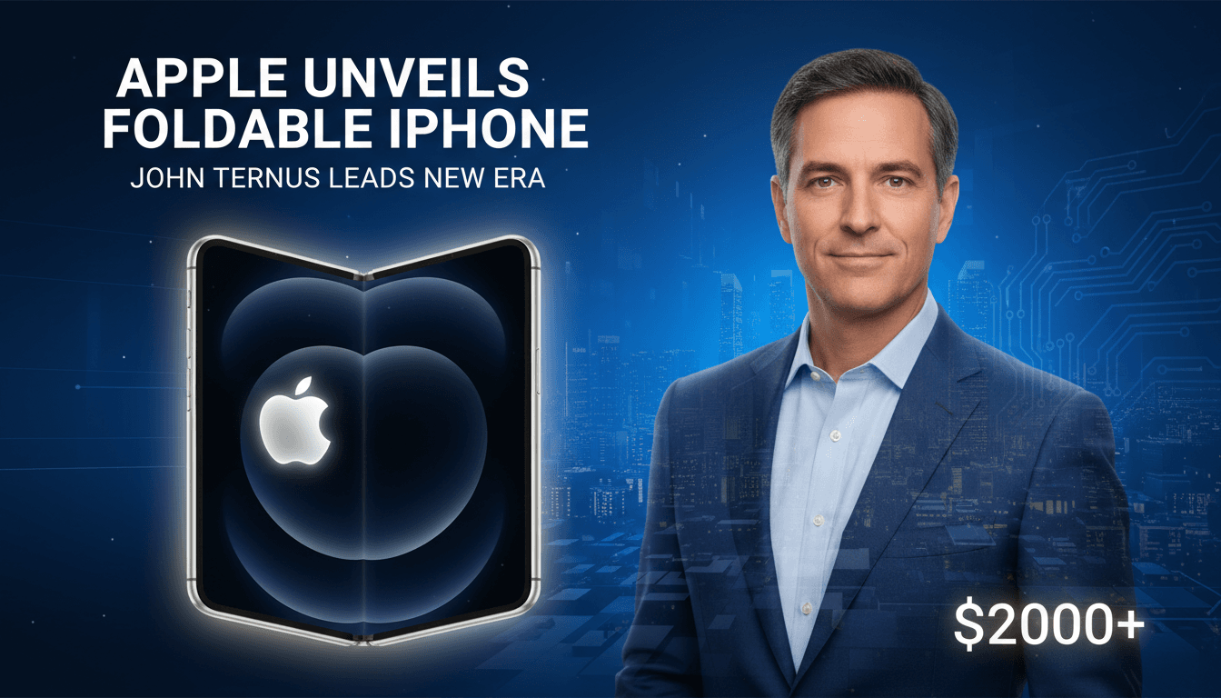 A sleek foldable iPhone design with John Ternus's name and Apple logo.