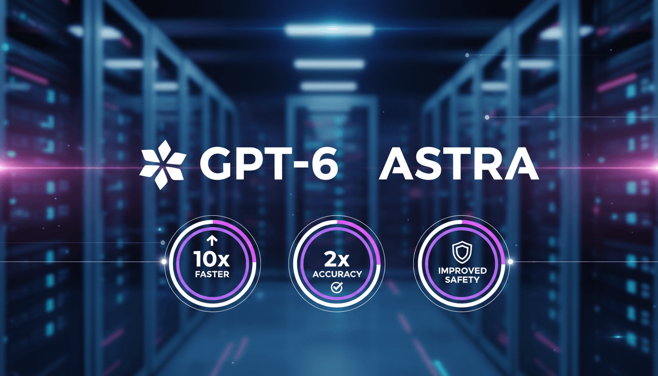 A graphic featuring the GPT-6 Astra logo and performance metrics, highlighting its advanced AI capabilities.