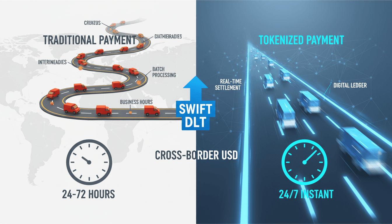 Infographic showing the speed difference between traditional and tokenized USD cross-border payments.