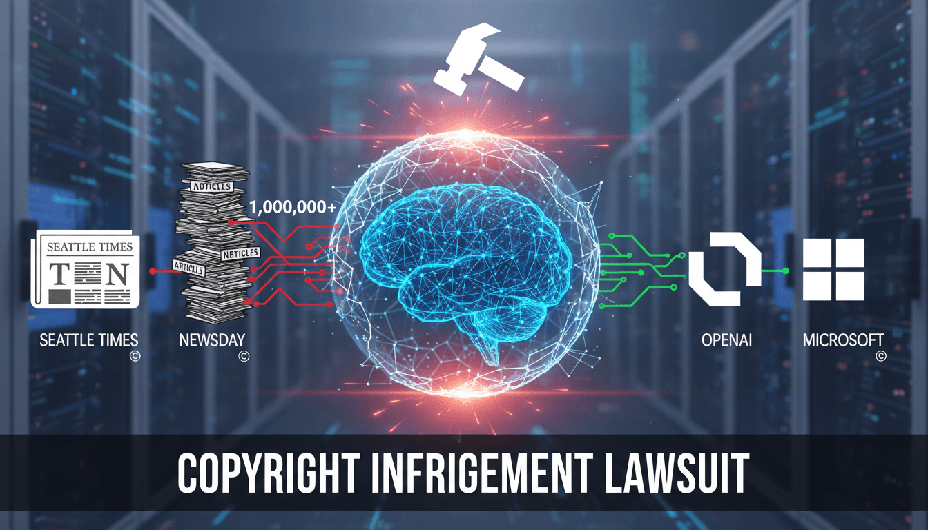 A visual representation of the Seattle Times and Newsday lawsuit against OpenAI and Microsoft, highlighting copyright issues.