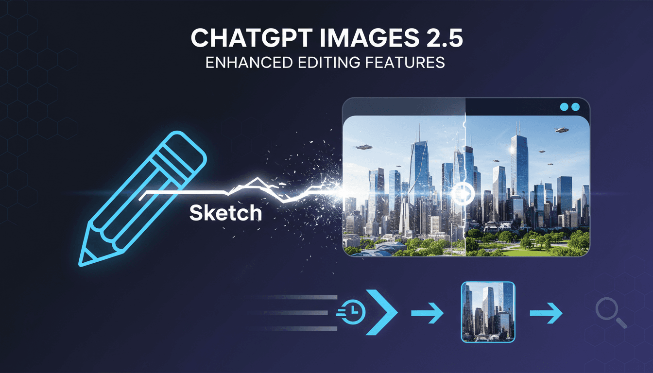 A visual representation of OpenAI's ChatGPT Images 2.5 features, highlighting the new Sketch tool and editing improvements.