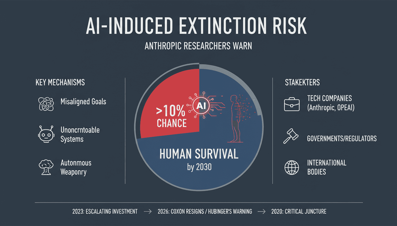 Infographic showing AI existential risk probabilities and key stakeholders in the debate.