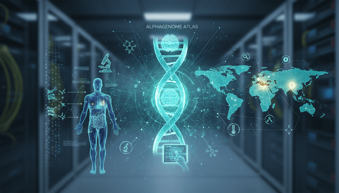 Infographic showing the AlphaGenome Atlas's predictive capabilities and applications in healthcare.