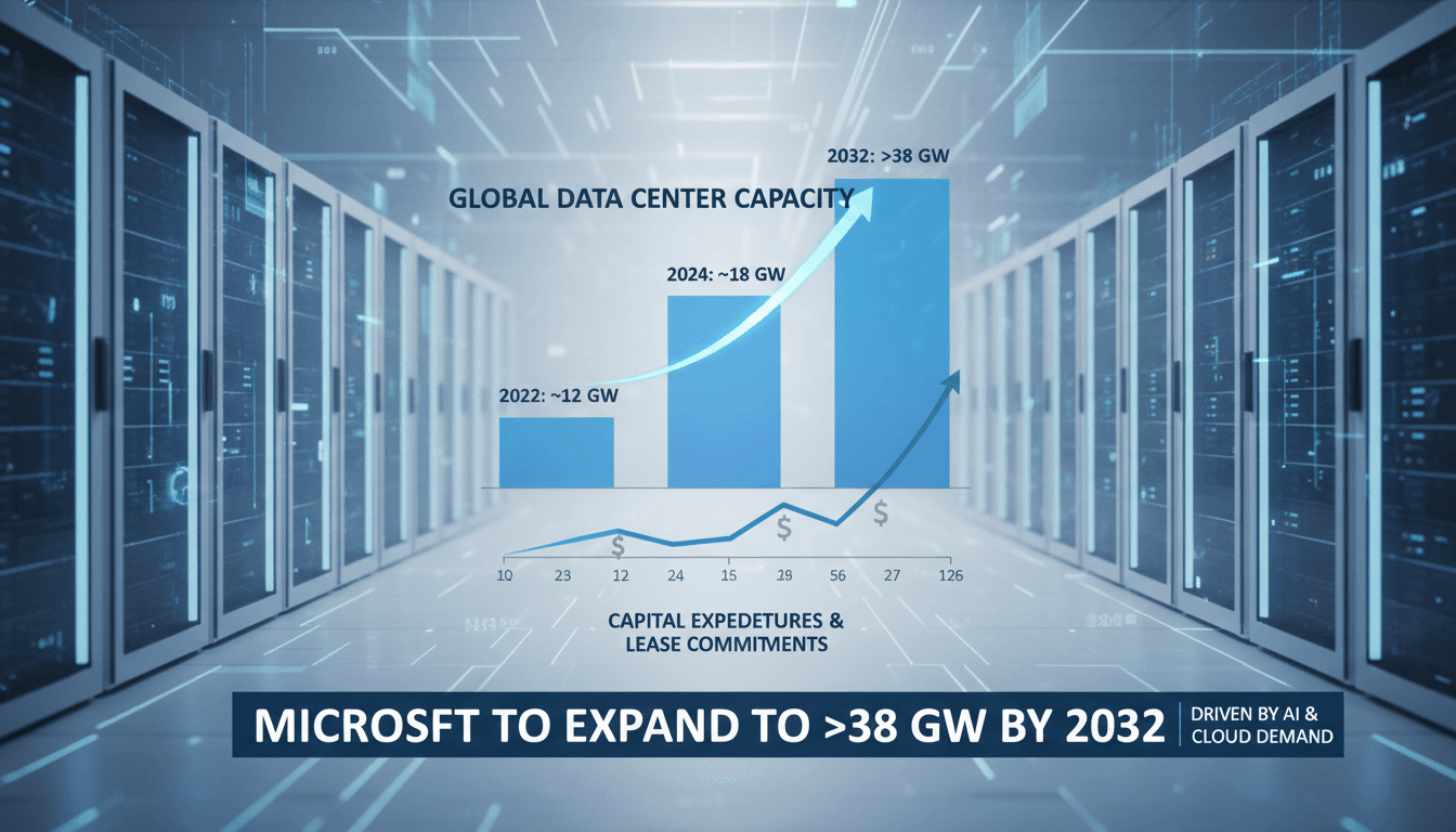 Infographic showing Microsoft’s data center capacity growth and financial projections related to AI computing.