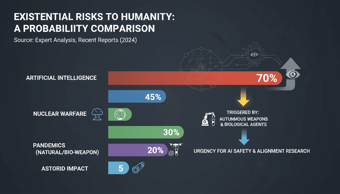 Infographic comparing AI existential risks with traditional global threats like pandemics and nuclear conflict.