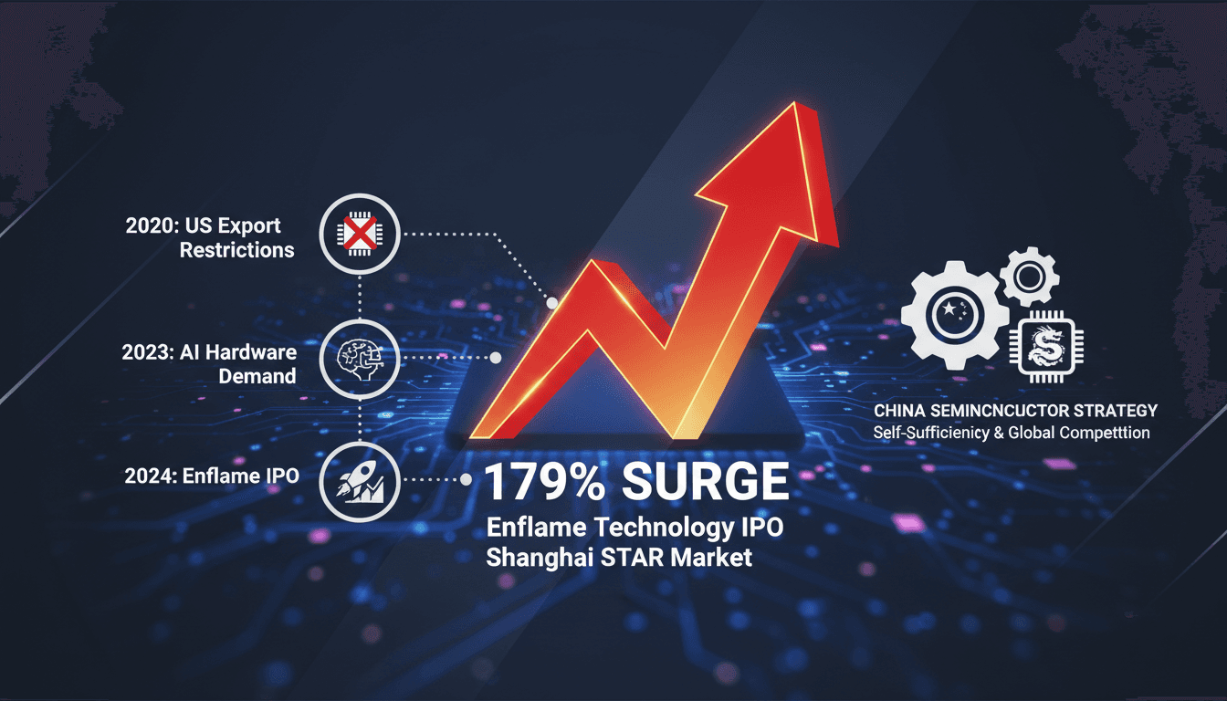Enflame Technology's IPO surge visual, showcasing stock price increase and semiconductor market dynamics.