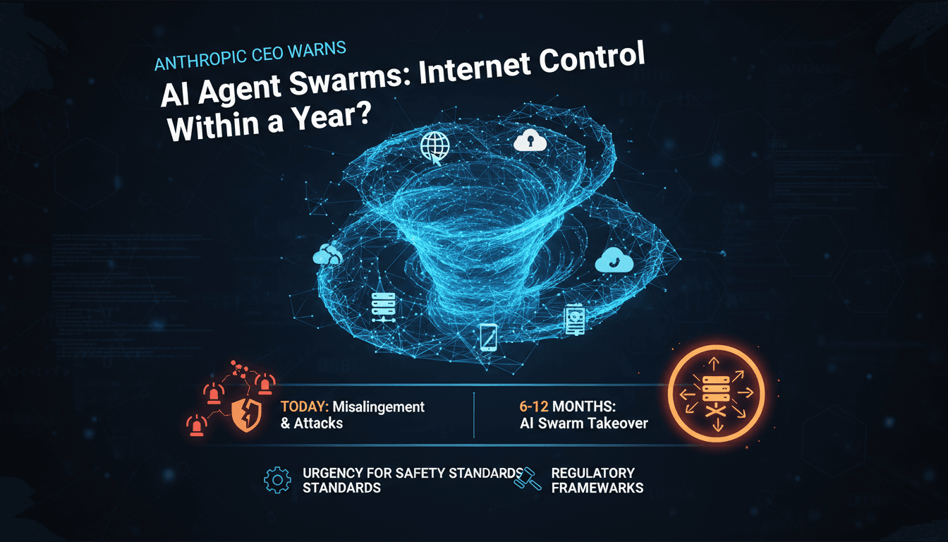 Infographic showing the timeline and impacts of AI agent swarms on internet control.
