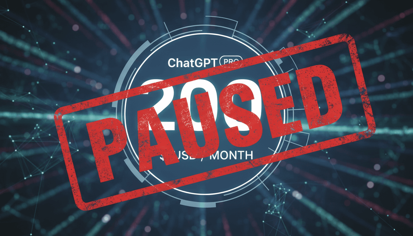 A graphic showing the $200 ChatGPT Pro subscription with a "Paused" stamp, reflecting OpenAI's service capacity management.
