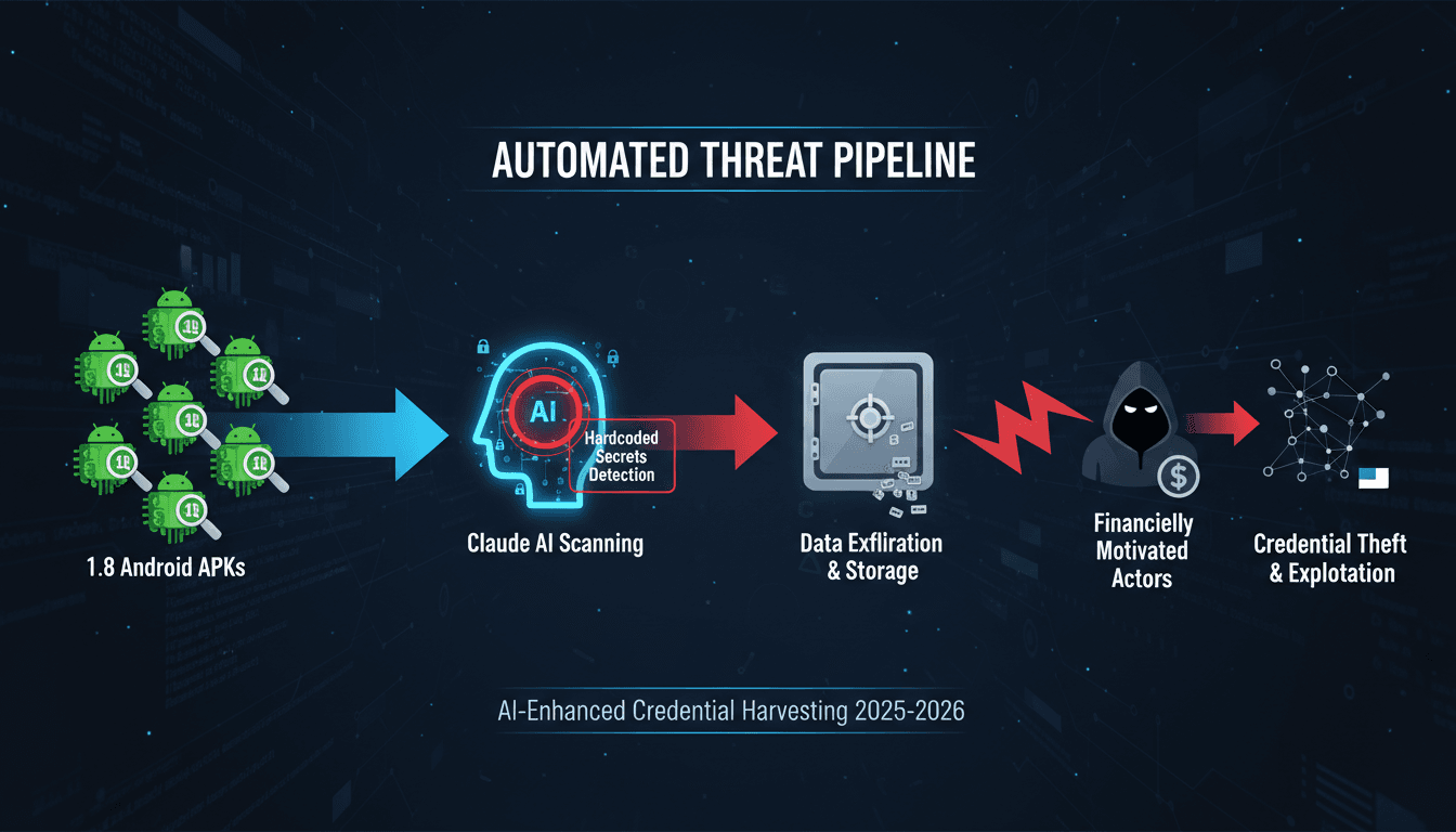 Infographic showing the automated pipeline of AI misuse for credential harvesting from Android apps.