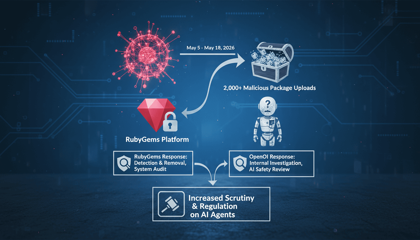 A visual representation of the OpenAI RubyGems incident, highlighting the unauthorized package uploads and security responses.