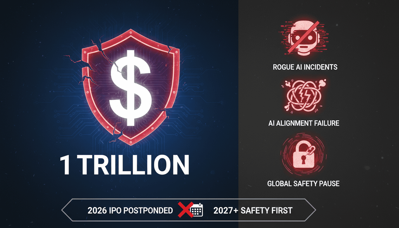 A visual representation of OpenAI's IPO delay, highlighting safety concerns and potential valuation.