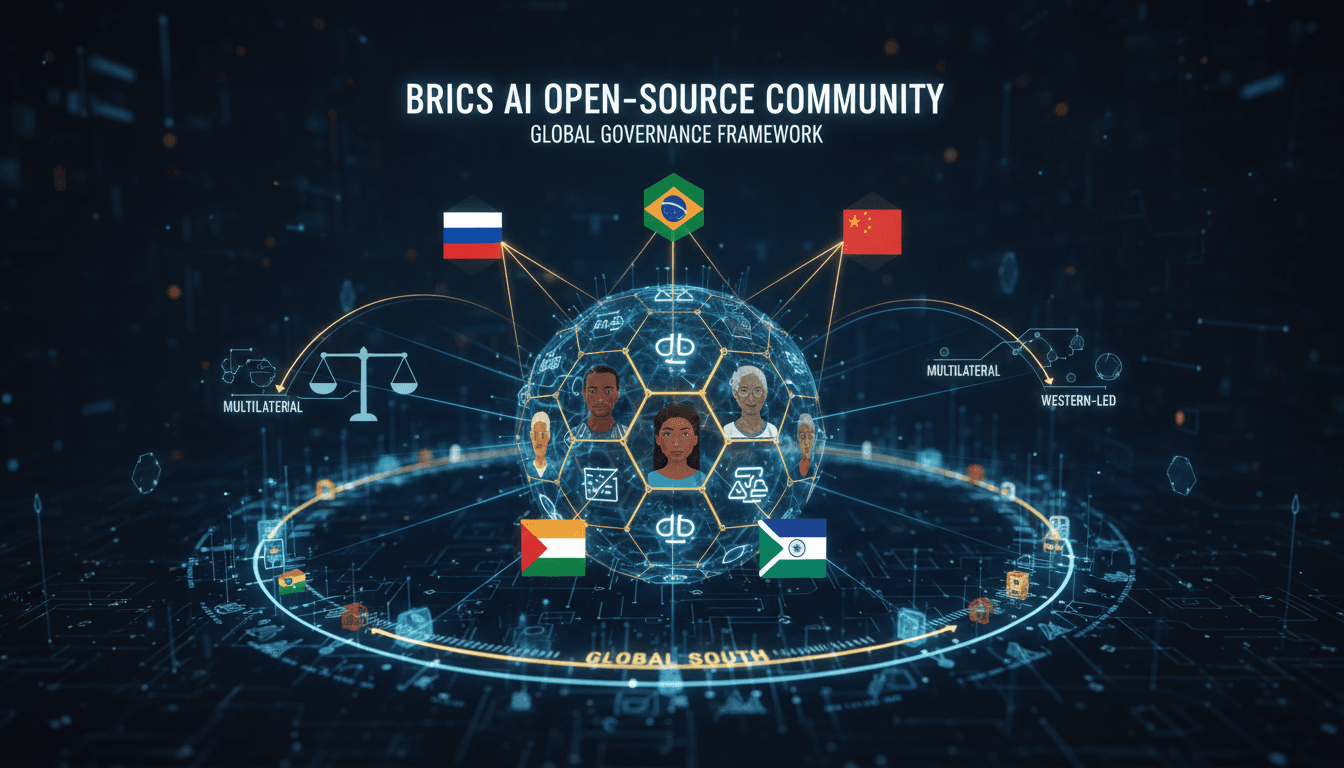Infographic showing Xi Jinping's BRICS AI initiative and its global implications.
