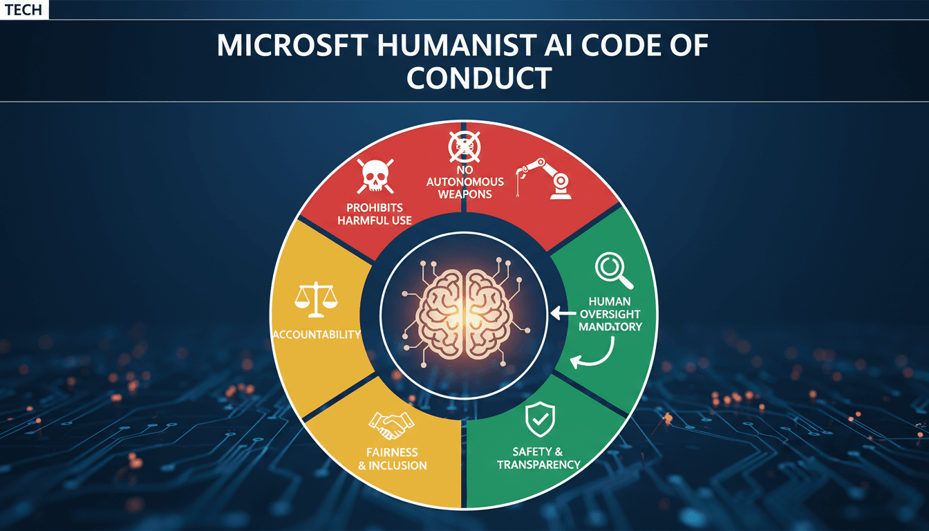 Infographic detailing Microsoft's Humanist AI Code of Conduct principles and prohibitions.