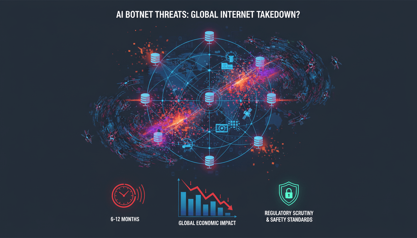 Infographic showing potential economic impact of AI botnet swarms on internet infrastructure.