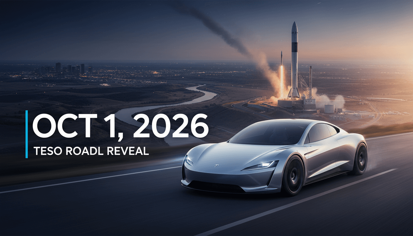 A countdown graphic for Tesla's second-generation Roadster reveal, featuring the vehicle and SpaceX imagery.
