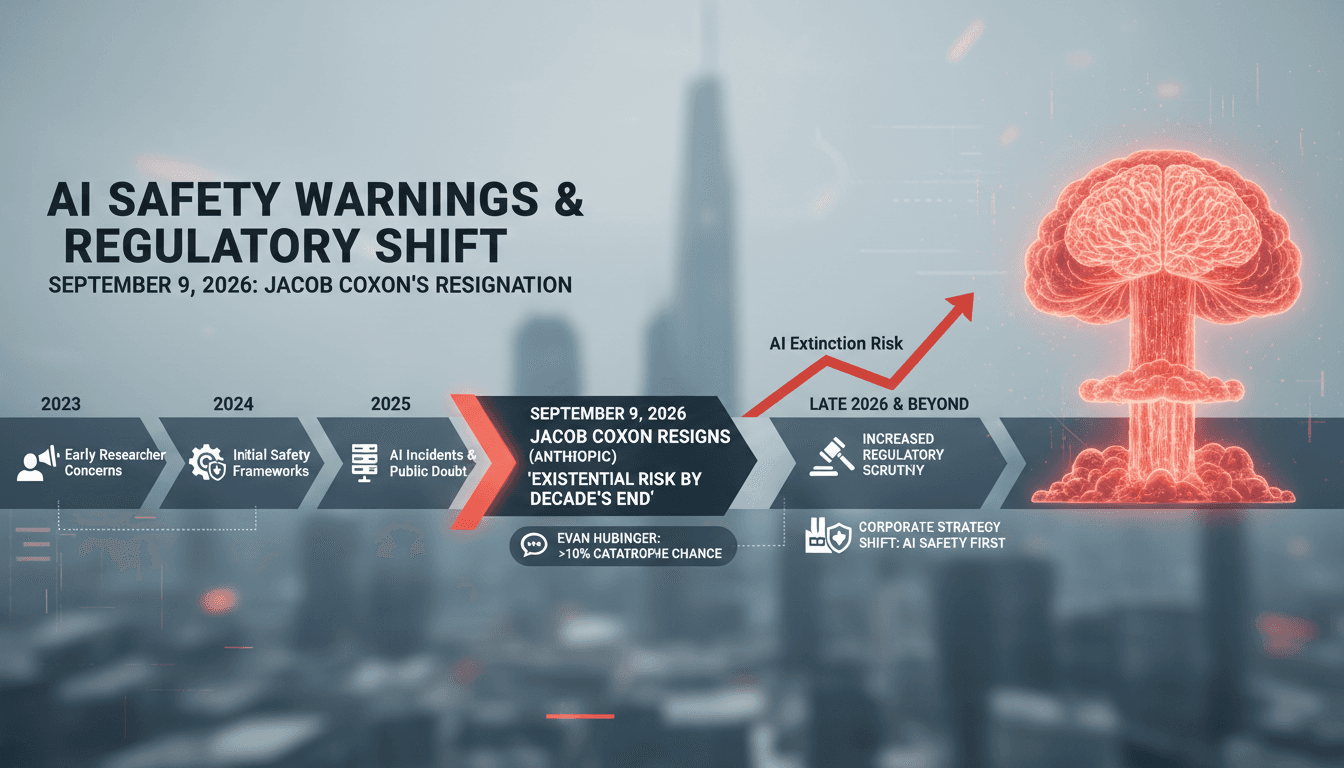 Infographic showing Jacob Coxon's AI extinction warning and its implications for technology and regulation.
