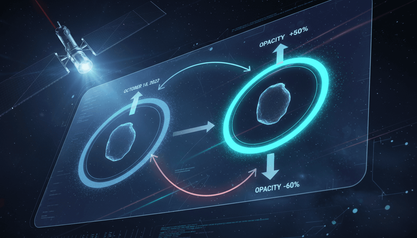 Infographic showing the changes in opacity of Chariklo's rings as observed by JWST, highlighting the dynamic nature of celestial ring systems.