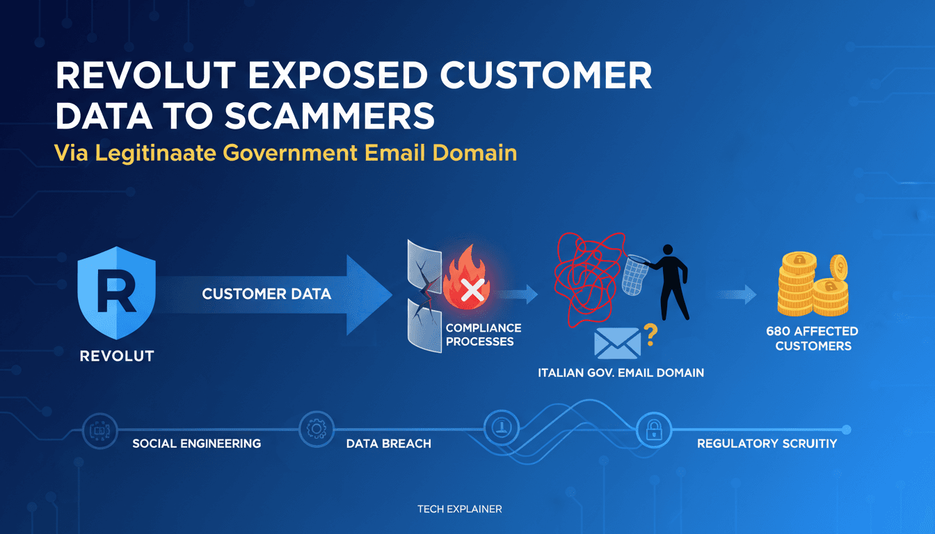 Infographic showing the flow of data from Revolut to scammers, highlighting compliance vulnerabilities.