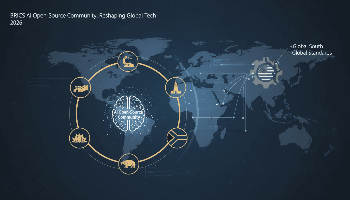 Infographic showing the impact of Xi Jinping's BRICS AI open-source community proposal on global technology standards.