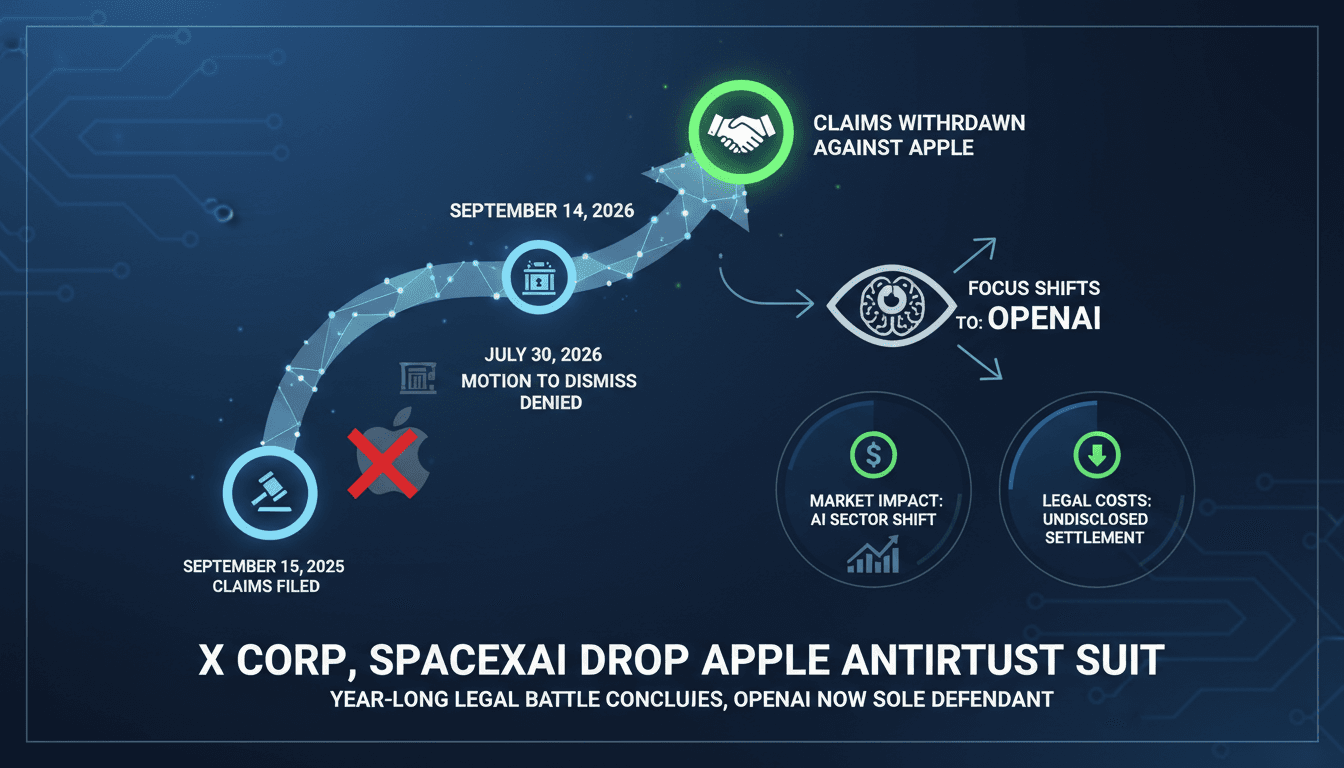 Infographic showing the timeline and financial implications of X Corp and SpaceXAI's antitrust claims against Apple.