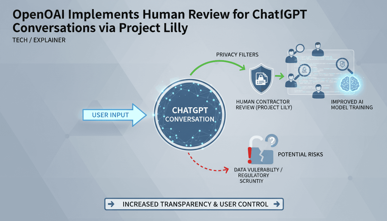 Infographic showing the process of human review in OpenAI's Project Lily, highlighting privacy filters and user interactions.