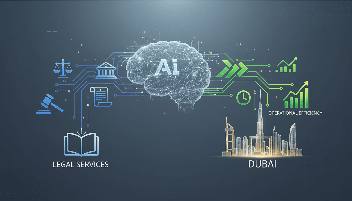Infographic showing AI applications in Dubai's legal services and their impact on efficiency and compliance.