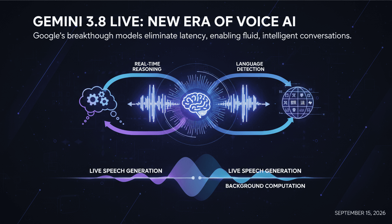 Infographic showcasing Google Gemini 3.8 Live features like real-time reasoning and language detection.