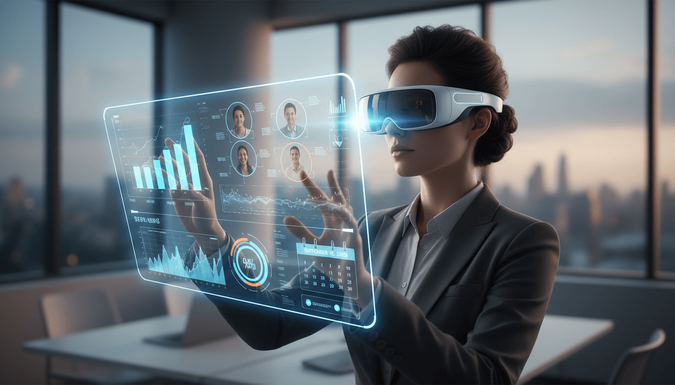 Snap's Specs AR glasses displayed in a professional setting, highlighting their use for productivity and connectivity.