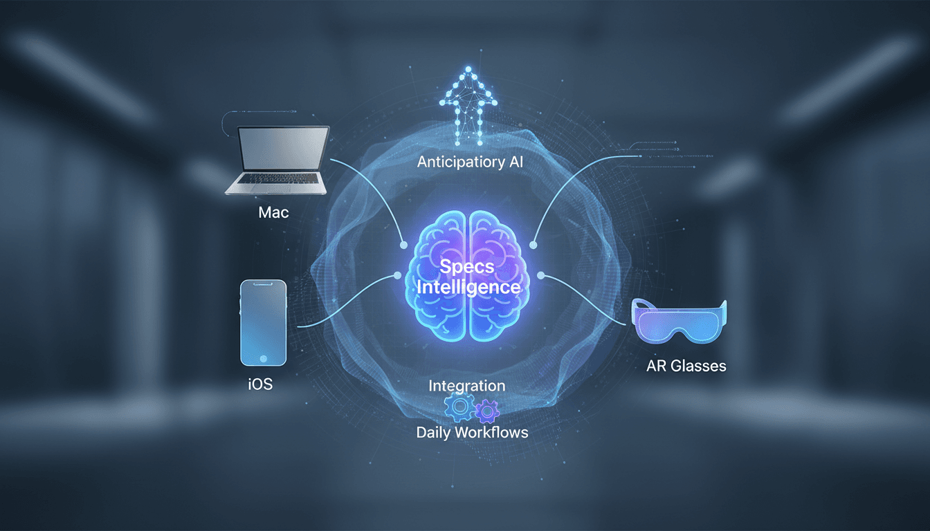 Infographic showing Snap's Specs Intelligence AI service integration across devices and its features.