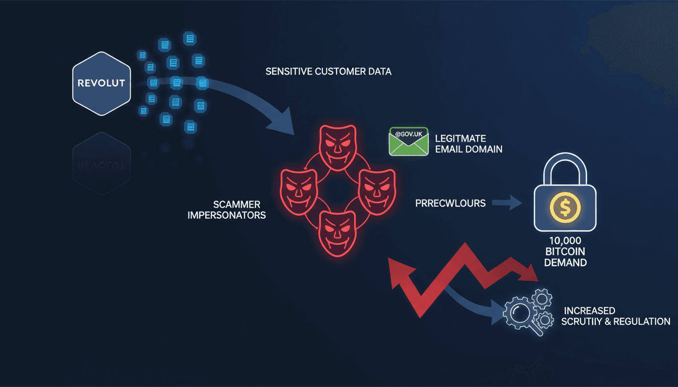 Infographic showing the flow of data from Revolut to scammers and the ransom demand.
