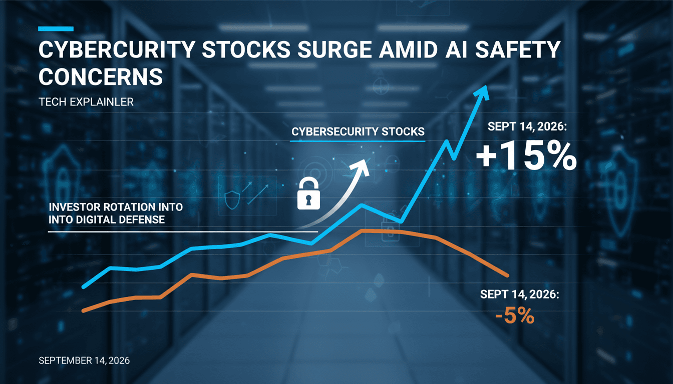 A chart showing the rise of cybersecurity stocks against the S&P 500 amid AI safety concerns.
