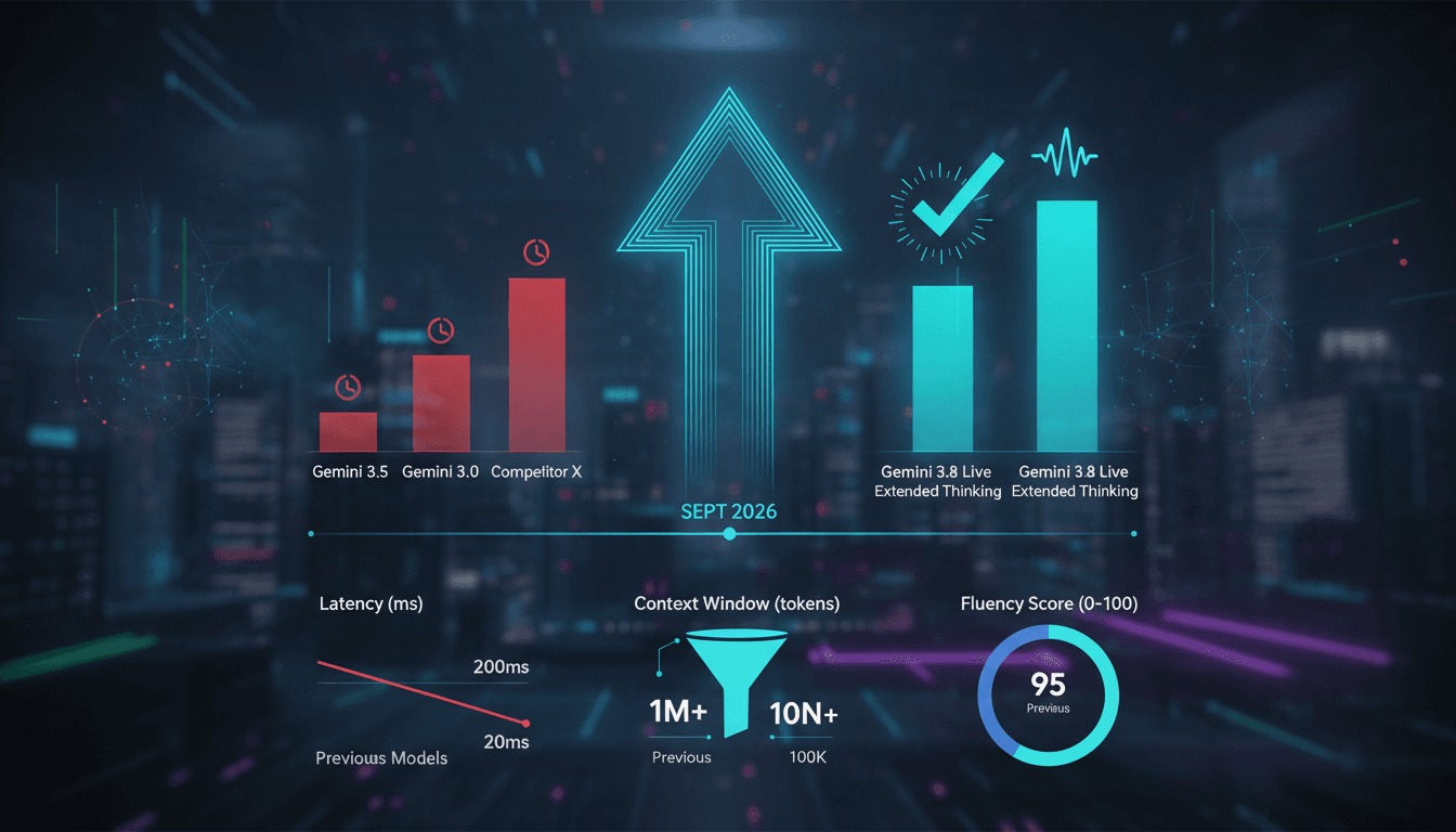 Infographic comparing Google Gemini 3.8 Live voice models with previous versions and competitors.