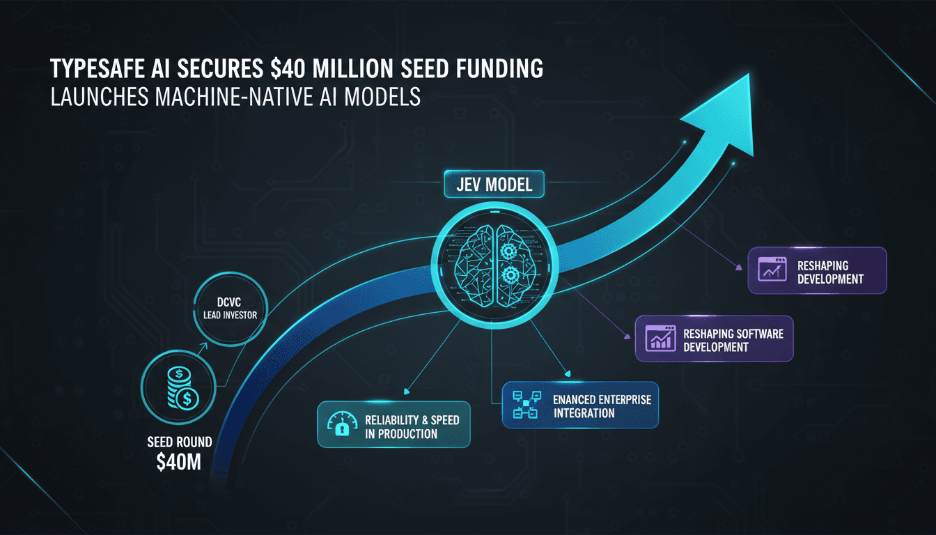 Infographic detailing TypeSafe AI's $40 million seed funding and the features of the Jev model.