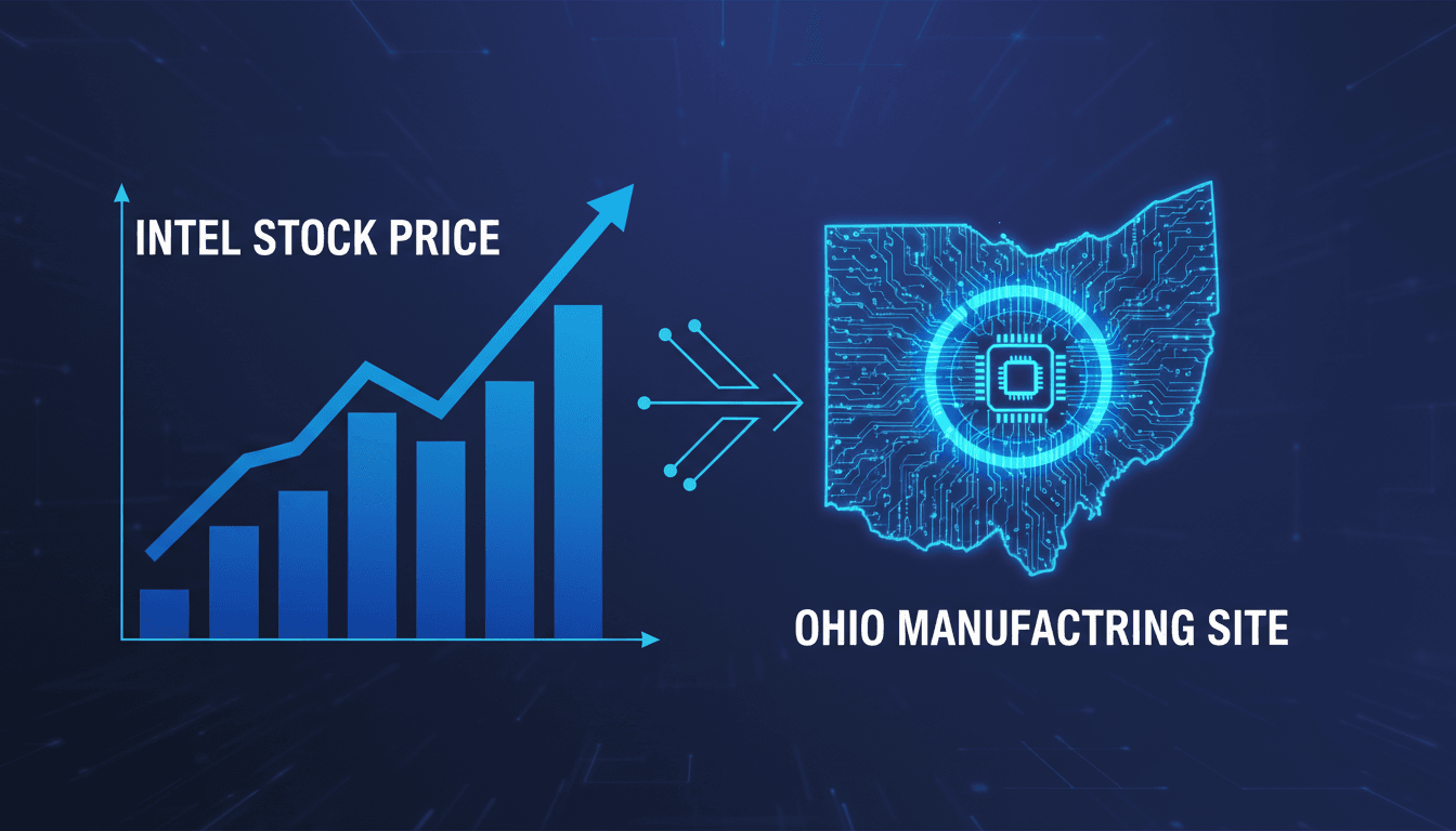 A graphic showing Intel's stock rise and a map of the proposed Ohio manufacturing site.