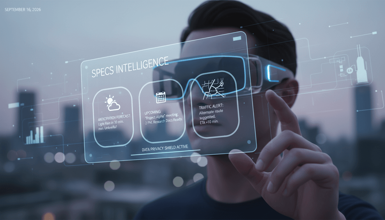 A visual representation of Snap Inc.'s Specs Intelligence AI service in use with AR glasses.