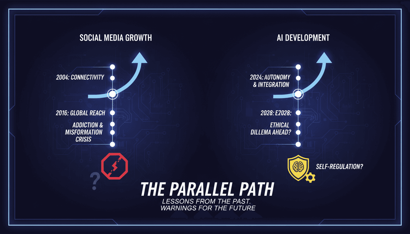 Infographic showing Marc Benioff's warning on AI ethics and social media parallels.