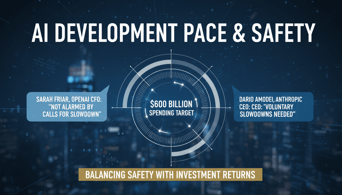 Infographic showing OpenAI's $600 billion spending target and key quotes on AI safety and development pacing.