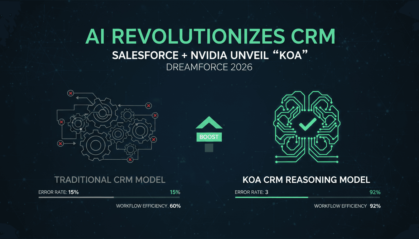 Infographic showing Koa CRM model's efficiency gains and error reduction compared to traditional models.