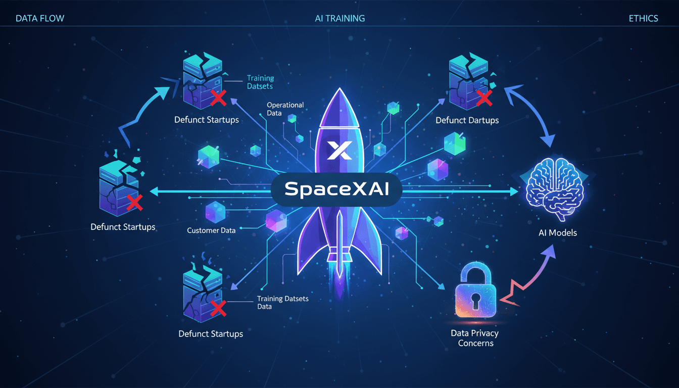 Infographic showing SpaceX's strategy to acquire data from defunct startups for AI training.