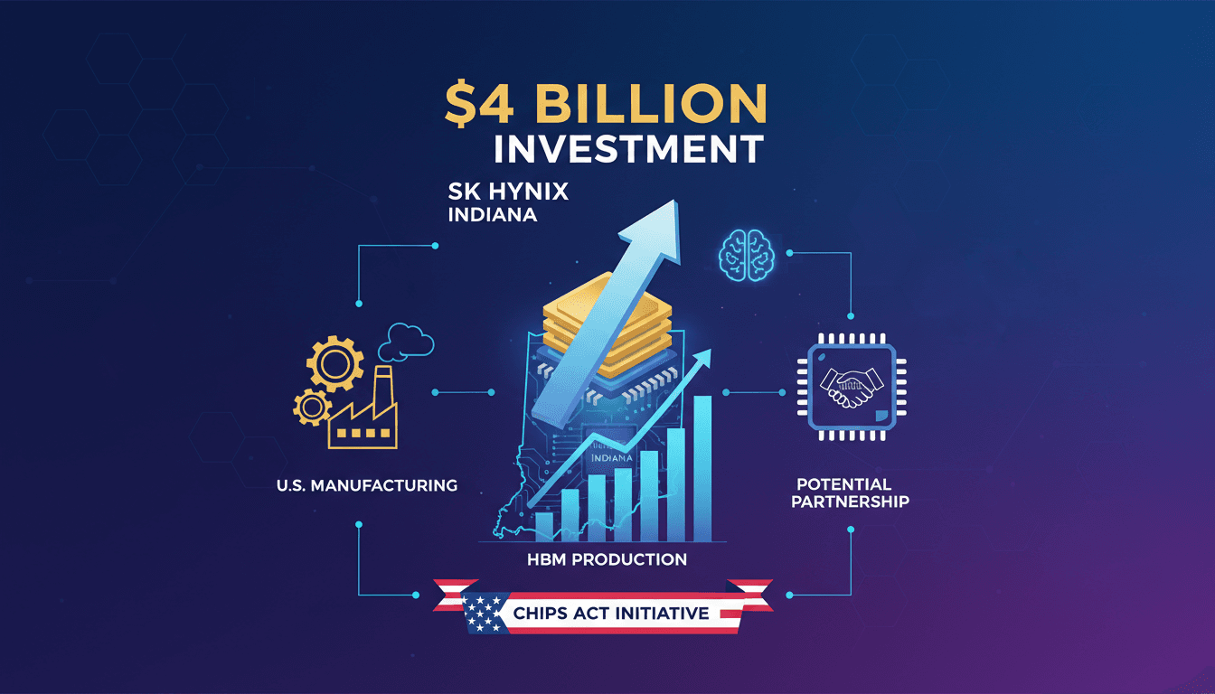 Infographic detailing SK Hynix's $4 billion investment in Indiana for HBM production and potential Intel partnership.