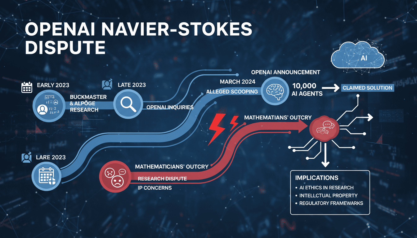 Infographic showing the timeline and key players in the OpenAI Navier-Stokes claim dispute.