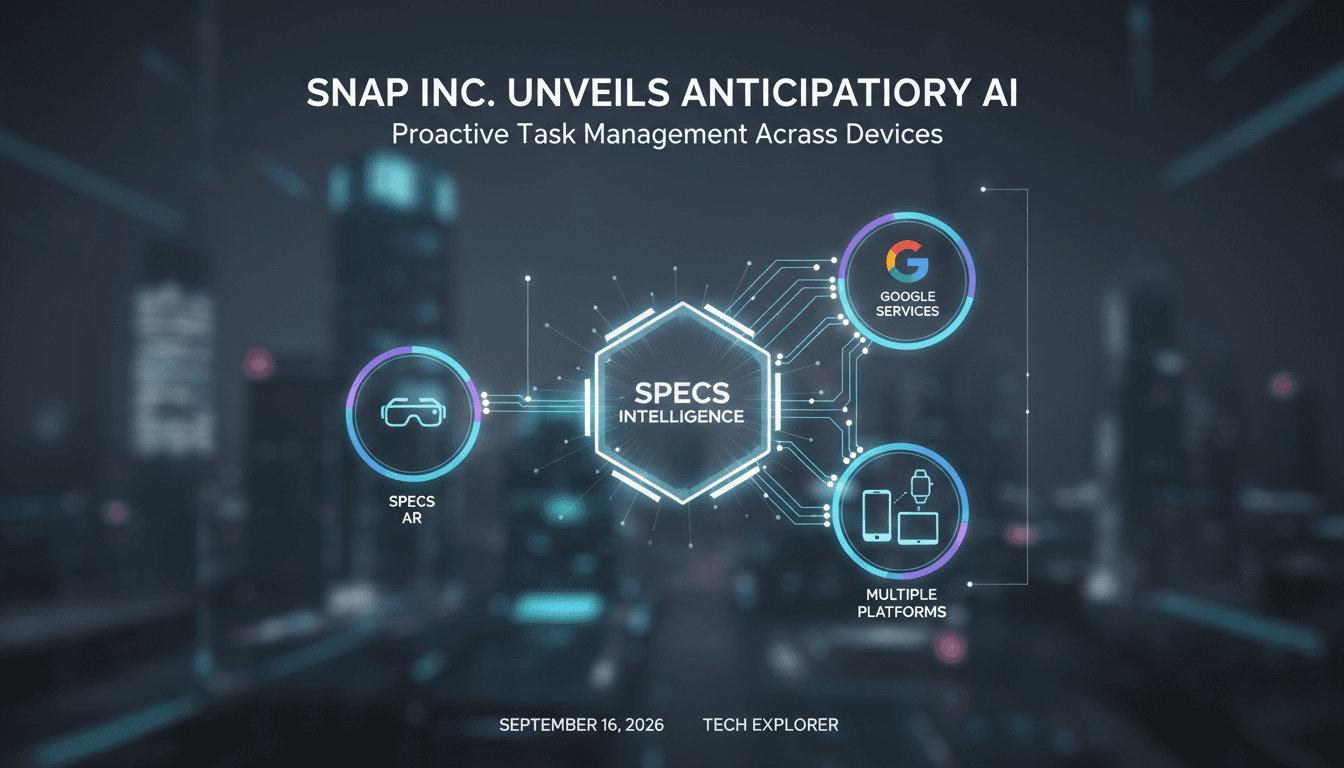 Infographic showing Snap Inc.'s Specs Intelligence AI service and its integration with Google services.