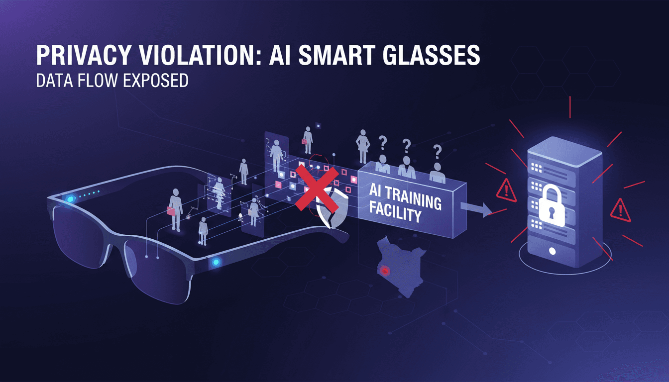 Infographic showing data flow from Meta's smart glasses to contractors, highlighting privacy issues.