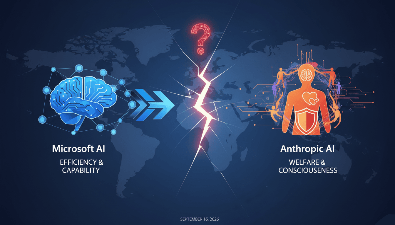 A graphic depicting the philosophical divide in AI ethics, showcasing contrasting views from Microsoft and Anthropic.