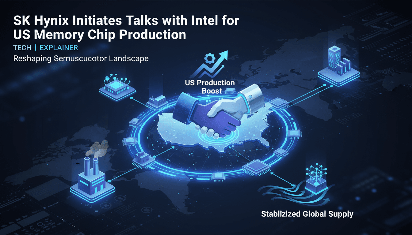 Infographic showing SK Hynix's potential U.S. memory chip manufacturing impact on global supply chains.