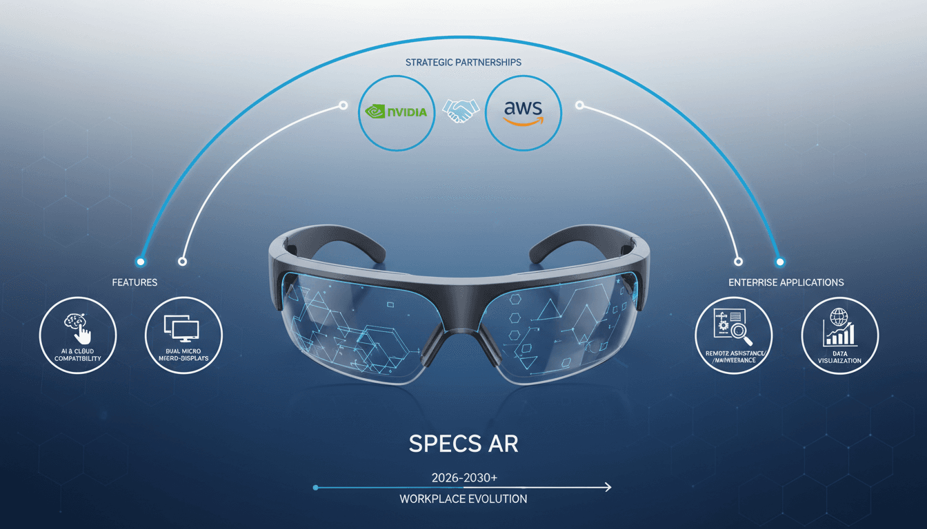Infographic showing Snap Inc.'s Specs AR glasses features and enterprise applications.