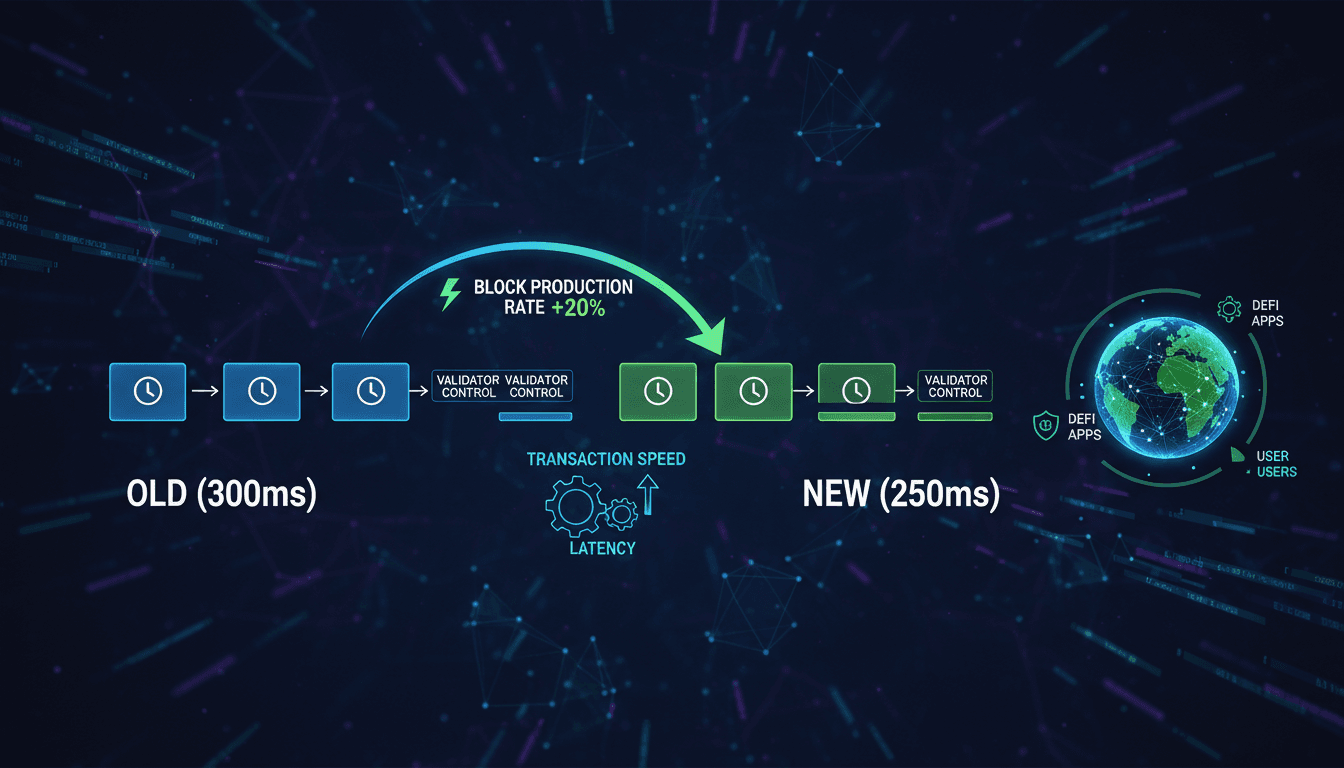 Infographic showing Solana's slot time reduction impact on transaction speeds and validator dynamics.